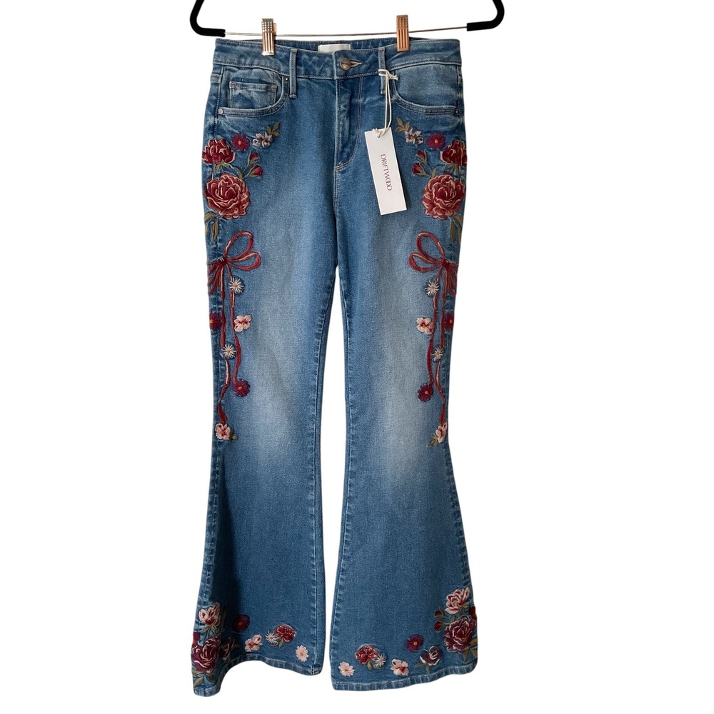 Driftwood Farrah Floral Embroidered Flare Jeans Medium Wash Blue Denim W26 L34